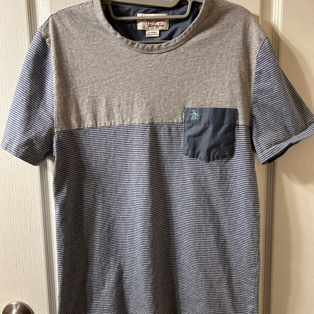 Penguin Brand Gray and Blue Men's Tee with Pocket.  Large